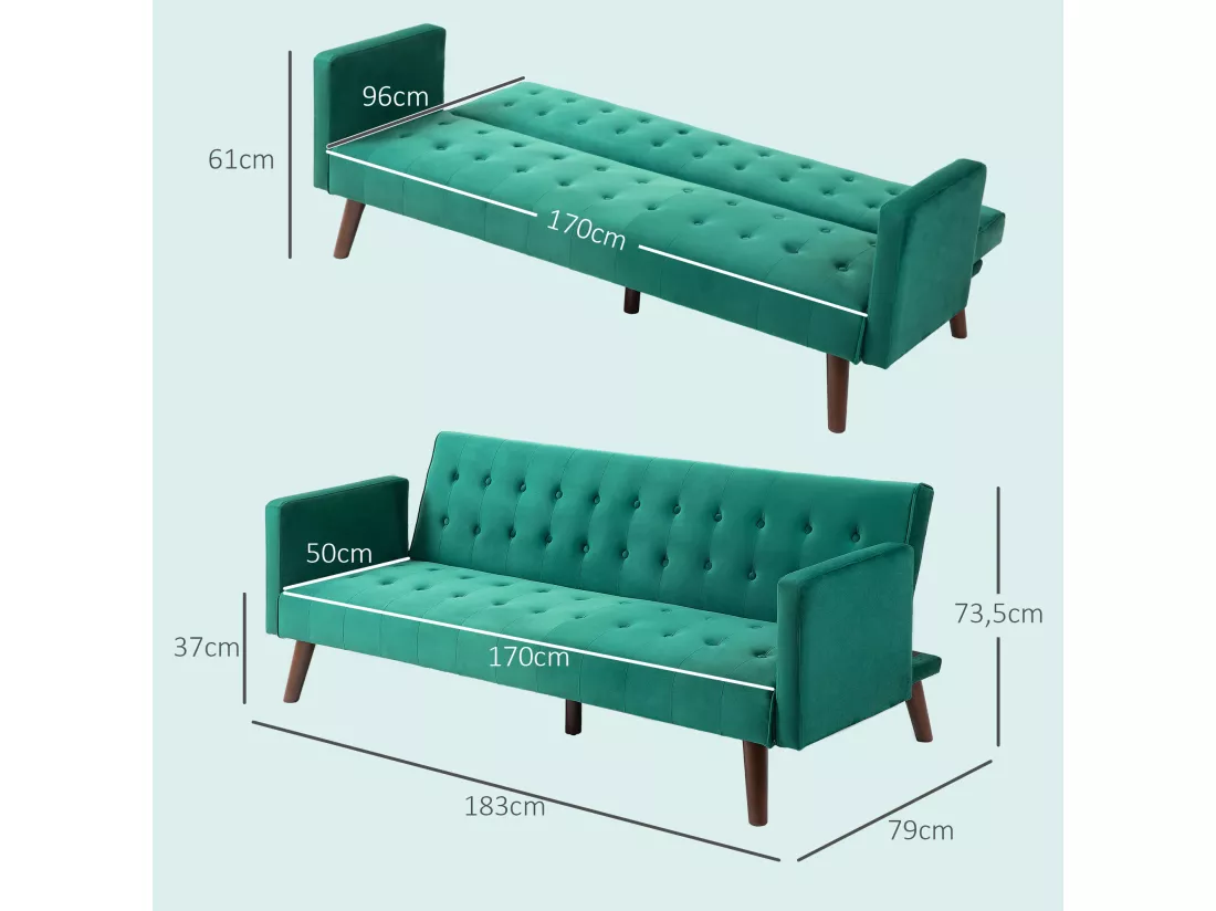 Canapé convertible 3 places design Chesterfield inclinable réglable effet capitonné velours vert turquoise