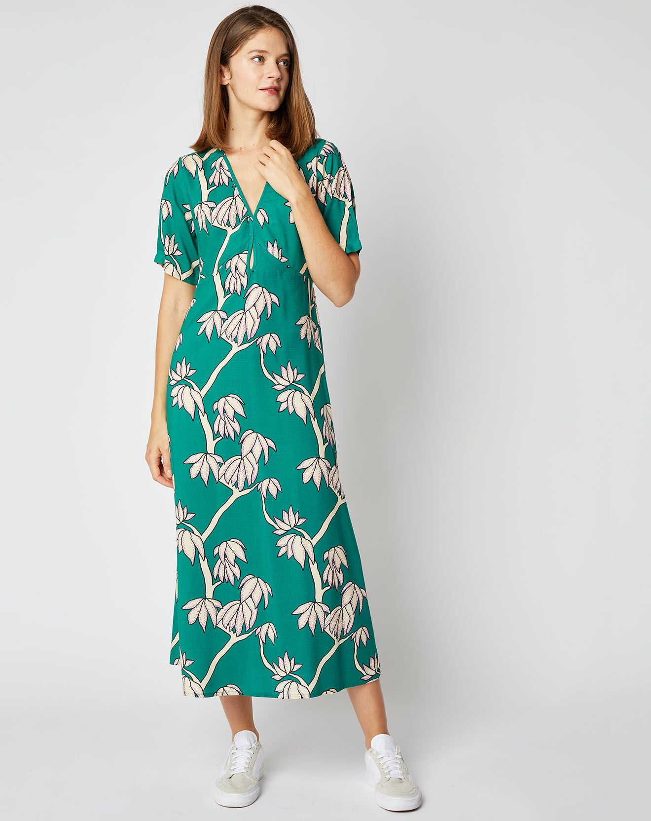 An'ge Robe mi-longue Zoé à motifs vert émeraude/écru