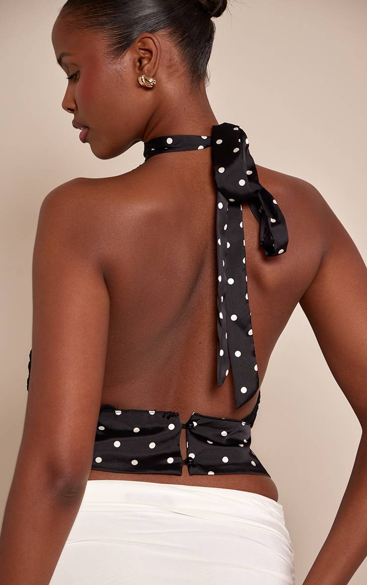 Noir Haut Col Halter À Garniture Tissée Contrastante En Dentelle