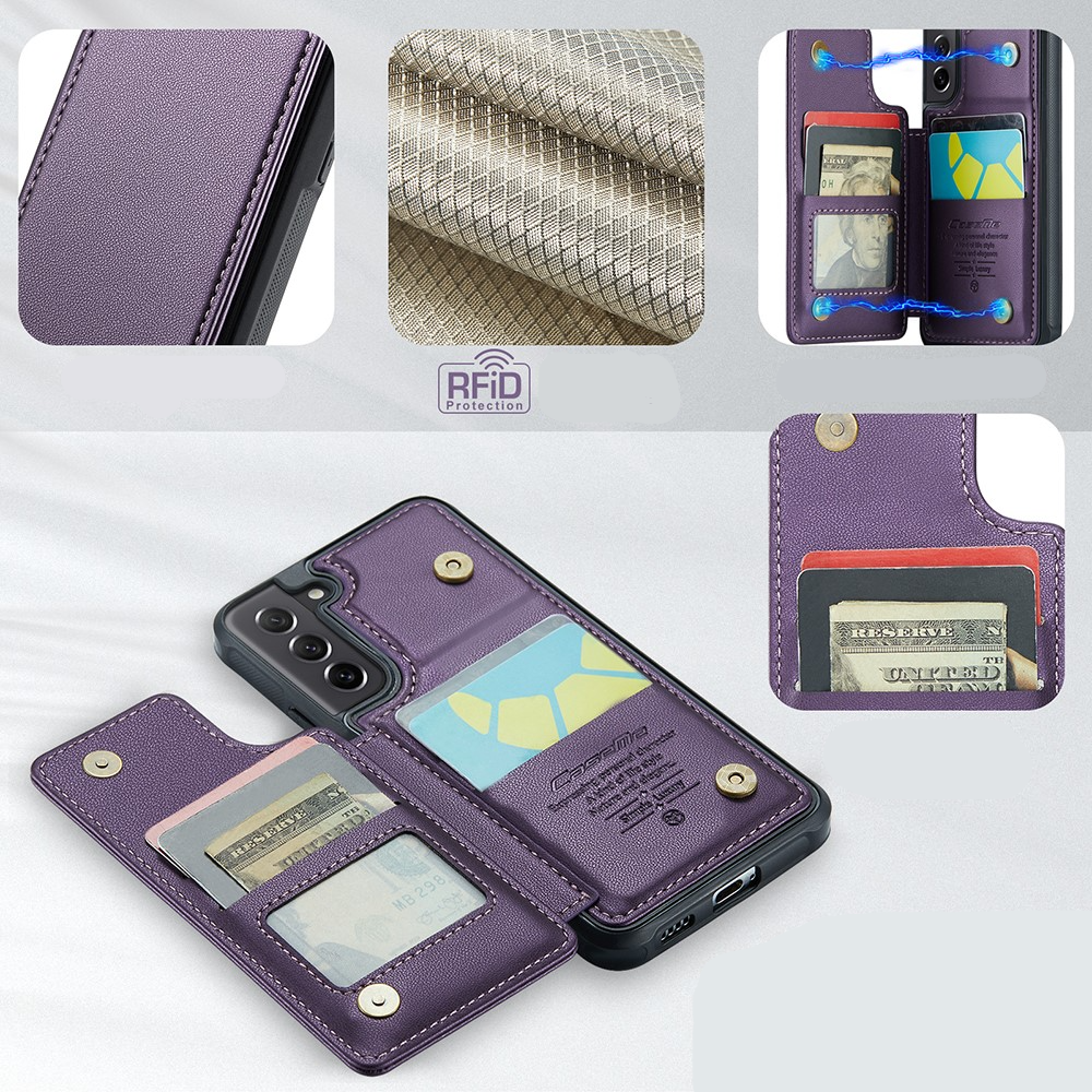 Samsung Galaxy S21 FE 5G Leder Hülle mit Kartenfächern im Litchi Look   Kickstand (RFID Schutz) - Lila