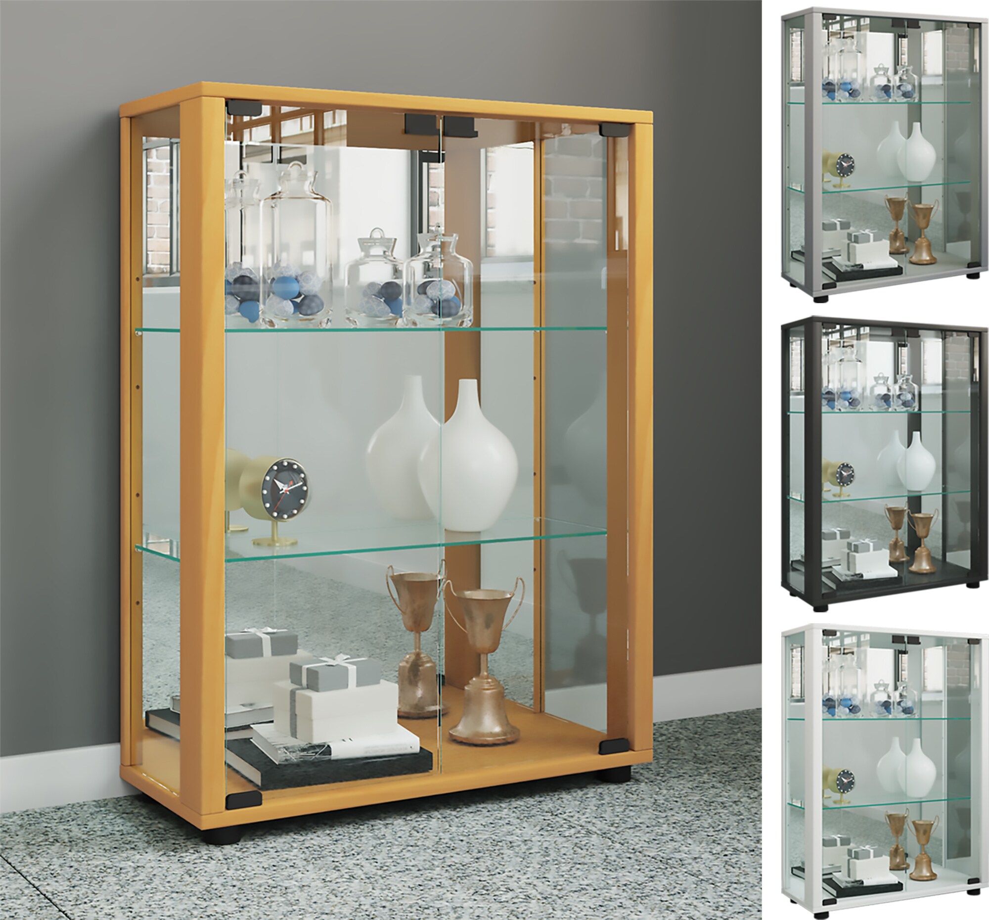 VCM Holz Glas Vitrine Sammel Glasvitrine Schaukasten Standvitrine Sintalo Spiegel