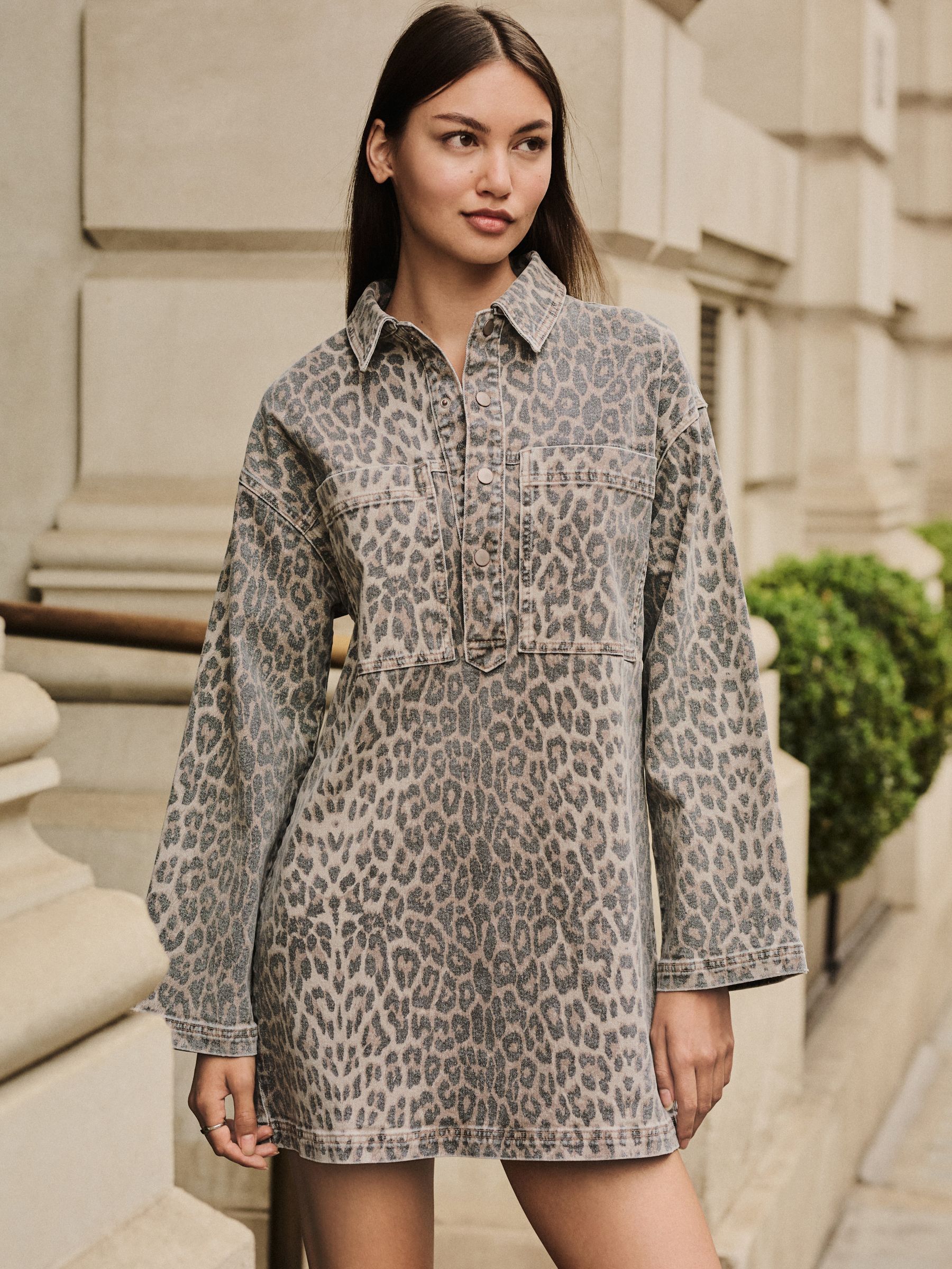 Luipaardprint - Mini Long Sleeve Utility Denim Dress