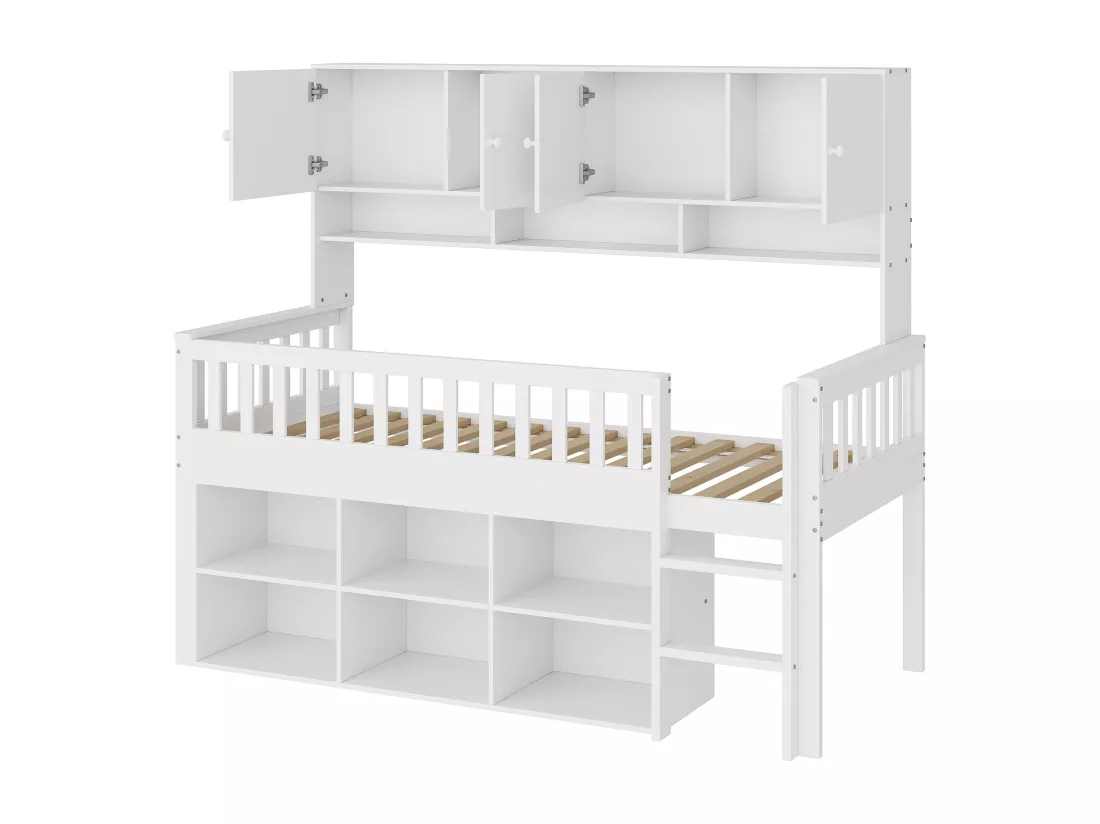 Lit enfant en bois 90x200cm - avec compartiments de rangement - Blanc