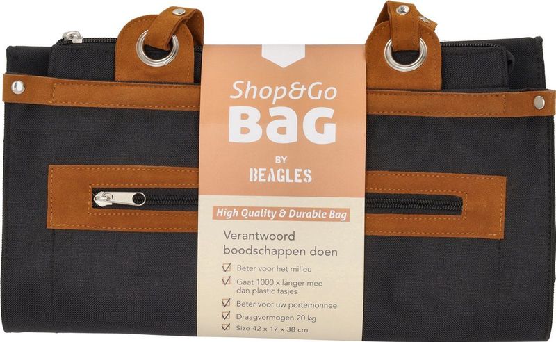 Boodschappentas - Zwart - Canvas - Met Echt Lederen Hengsel - 37 cm