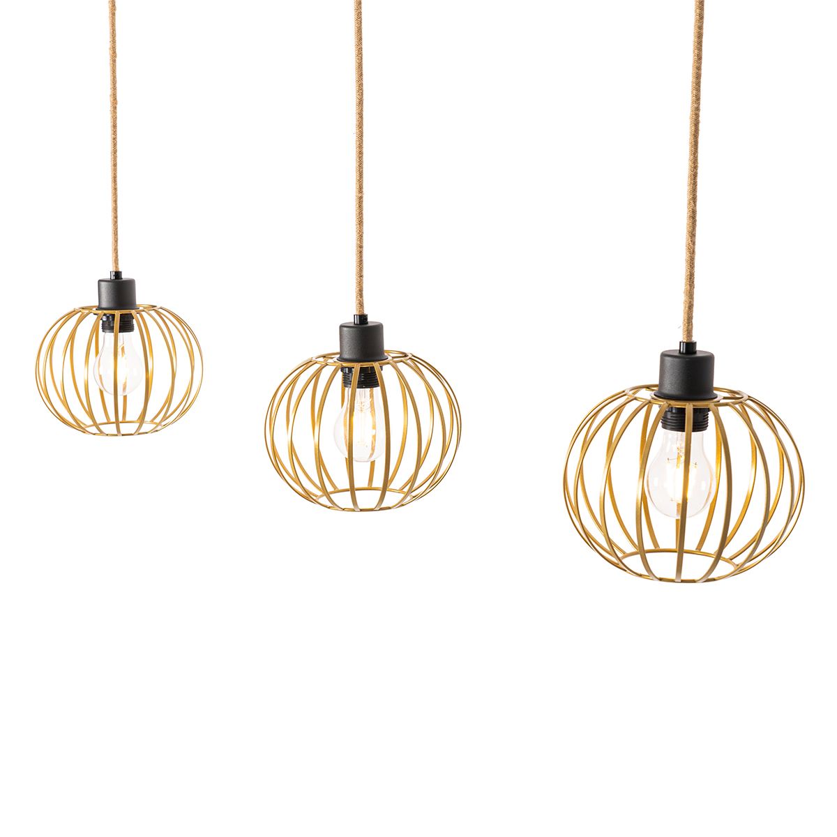 Landelijke hanglamp goud met hout 3-lichts - Yura