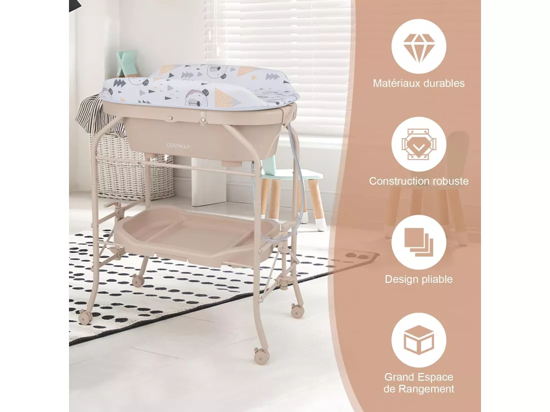 Table à Langer 2 en 1 avec Baignoire 20L Plateau de Rangement, Commode à Langer Pliable Couches Étanches Roue Universelle à Frein Charge 35KG, pour Bébé 0-12 Mois (Beige)