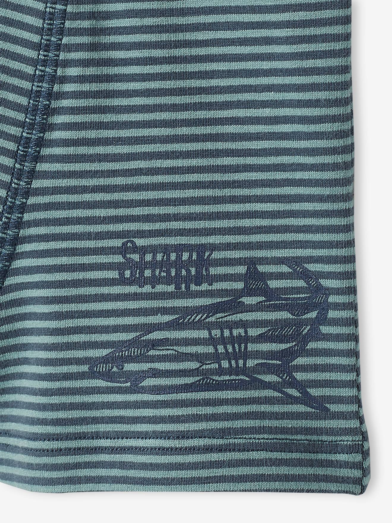 Lote de 5 cuecas boxer elásticas, modelo Sharks, para menino, lisas, azul médio com estampas.
