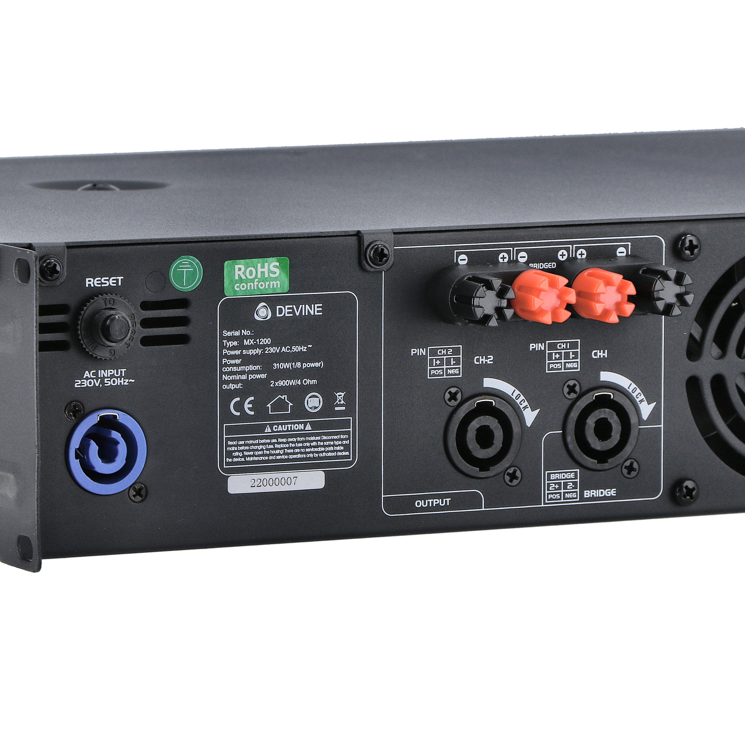 Devine MX-1200 2-kanaals PA-eindversterker 2x 600W @ 8 Ohm