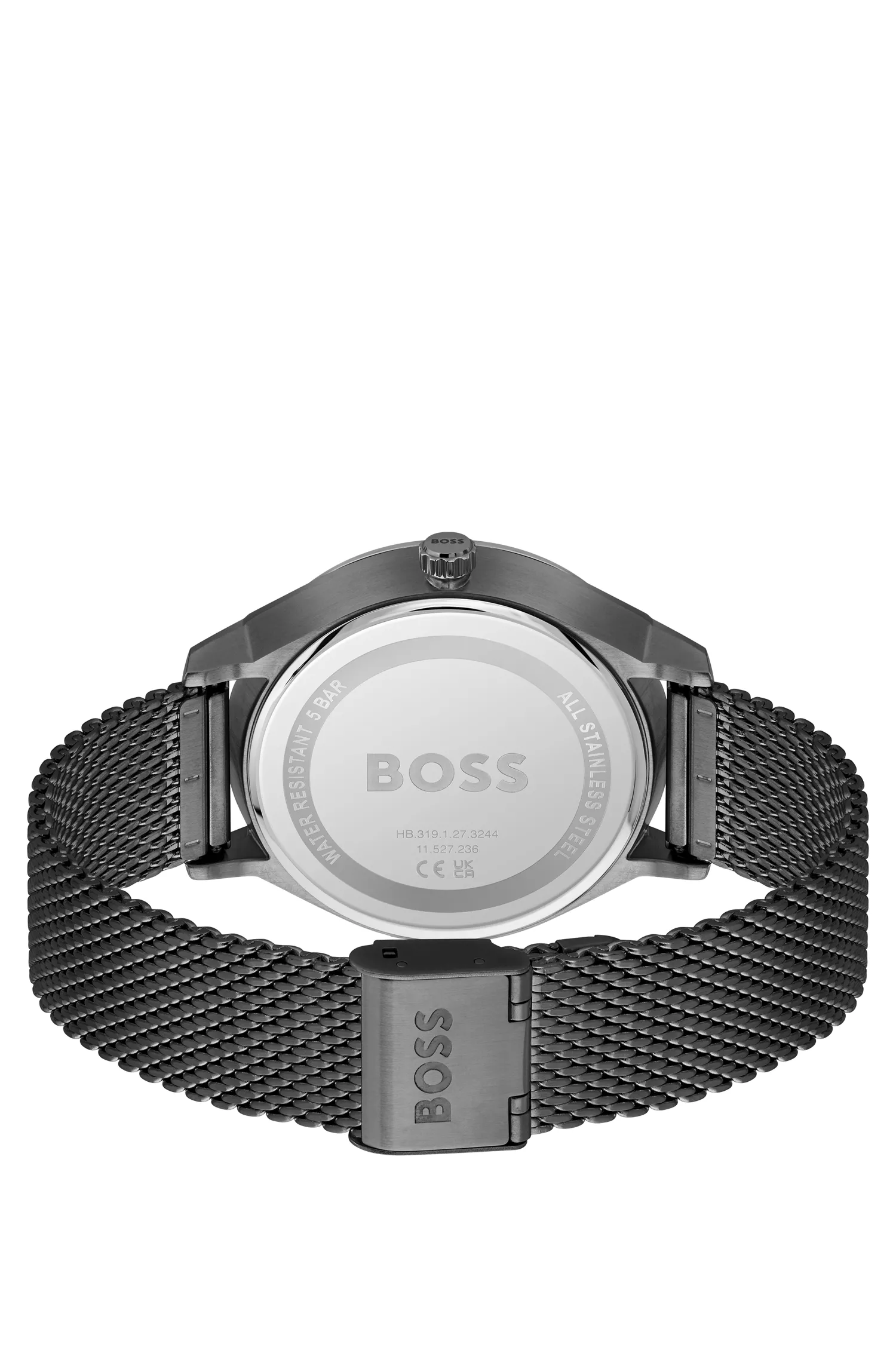 Relógio BOSS com pulseira de malha preta e mostrador preto.