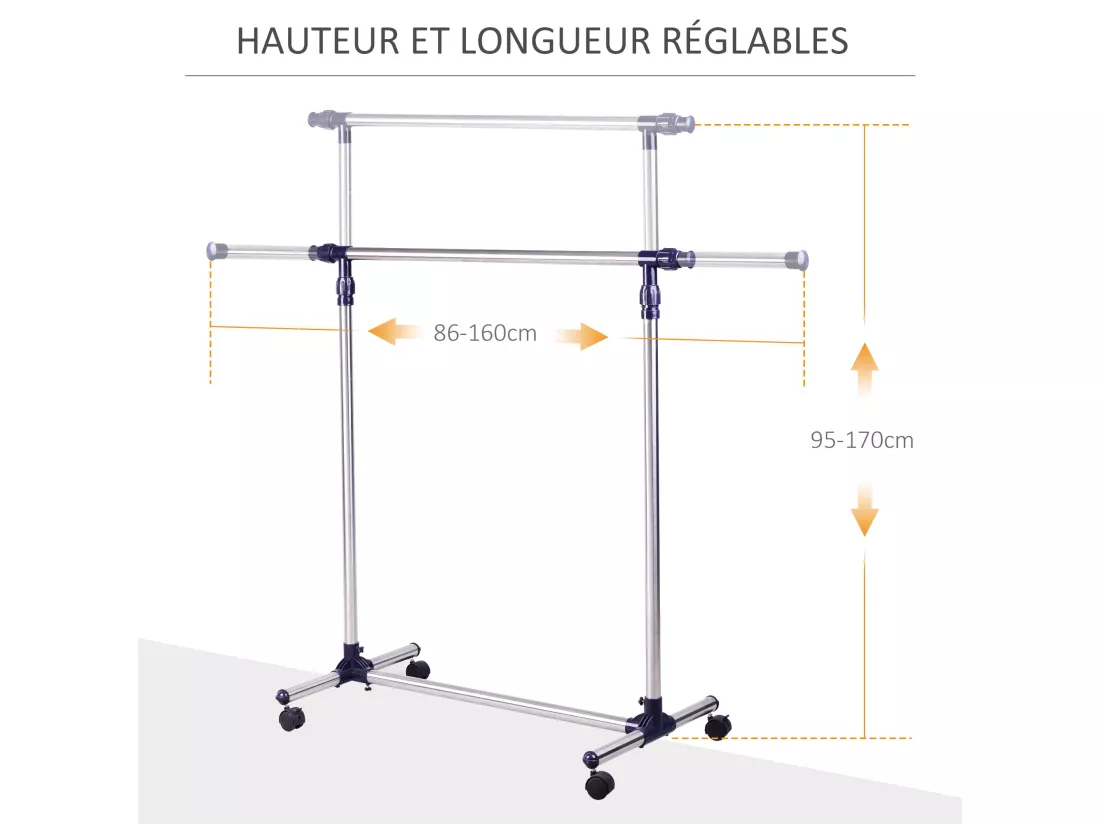 Portant sur roulettes - portant à vêtements réglable en hauteur et longueur - dim. 86/160L x 45l x 95/170H cm - acier inox.