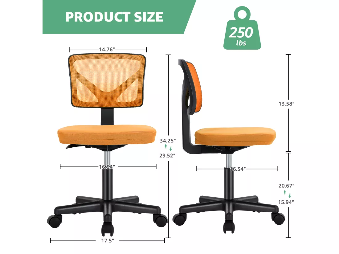Chaise de bureau,Chaise d'ordinateur pivotante avec support lombaire,sans accoudoir,Low-Back Mesh,Orange