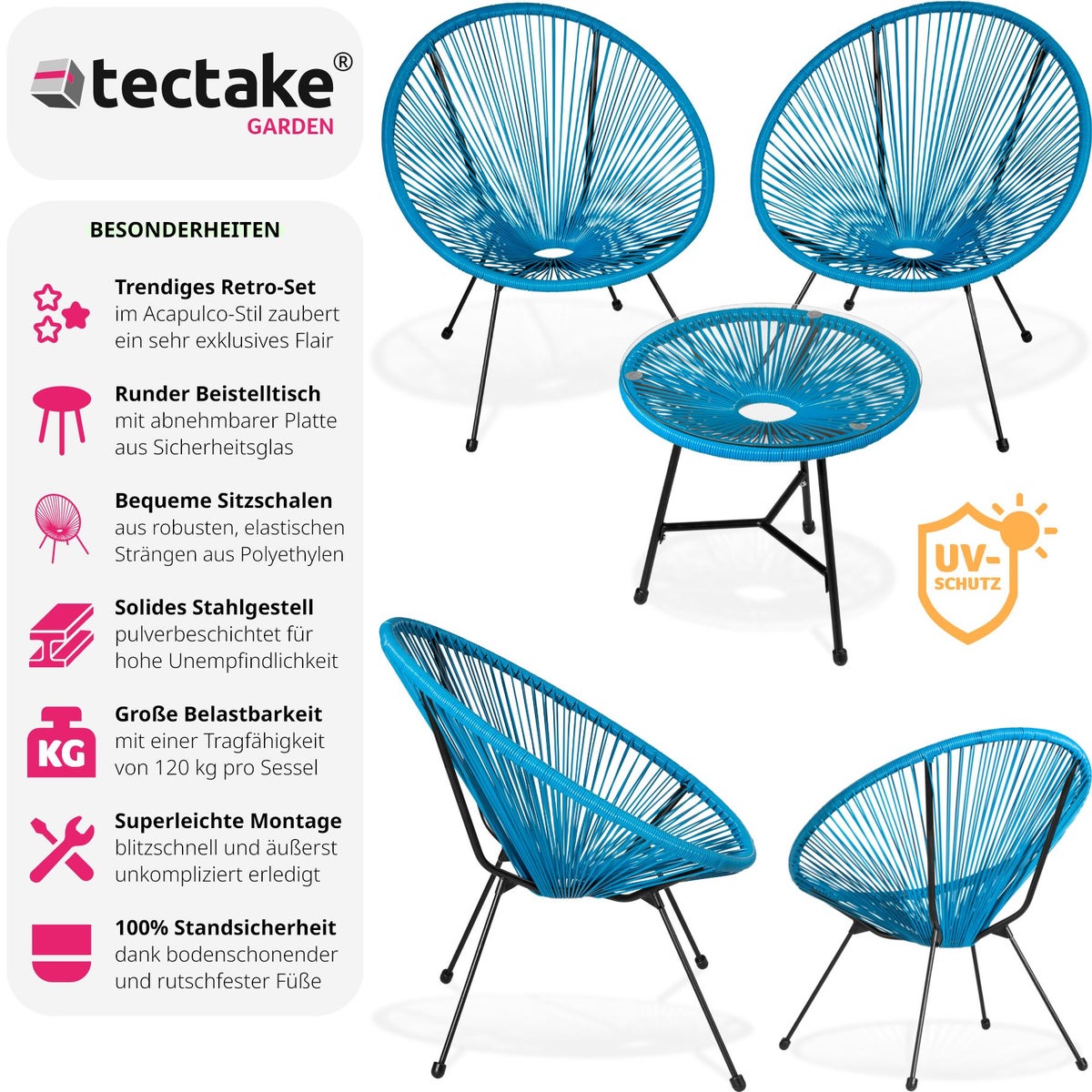 Santana tuinstoelen met tafel, tectake retrodesign in Acapulco-stijl, stoeldraagvermogen 120 kg