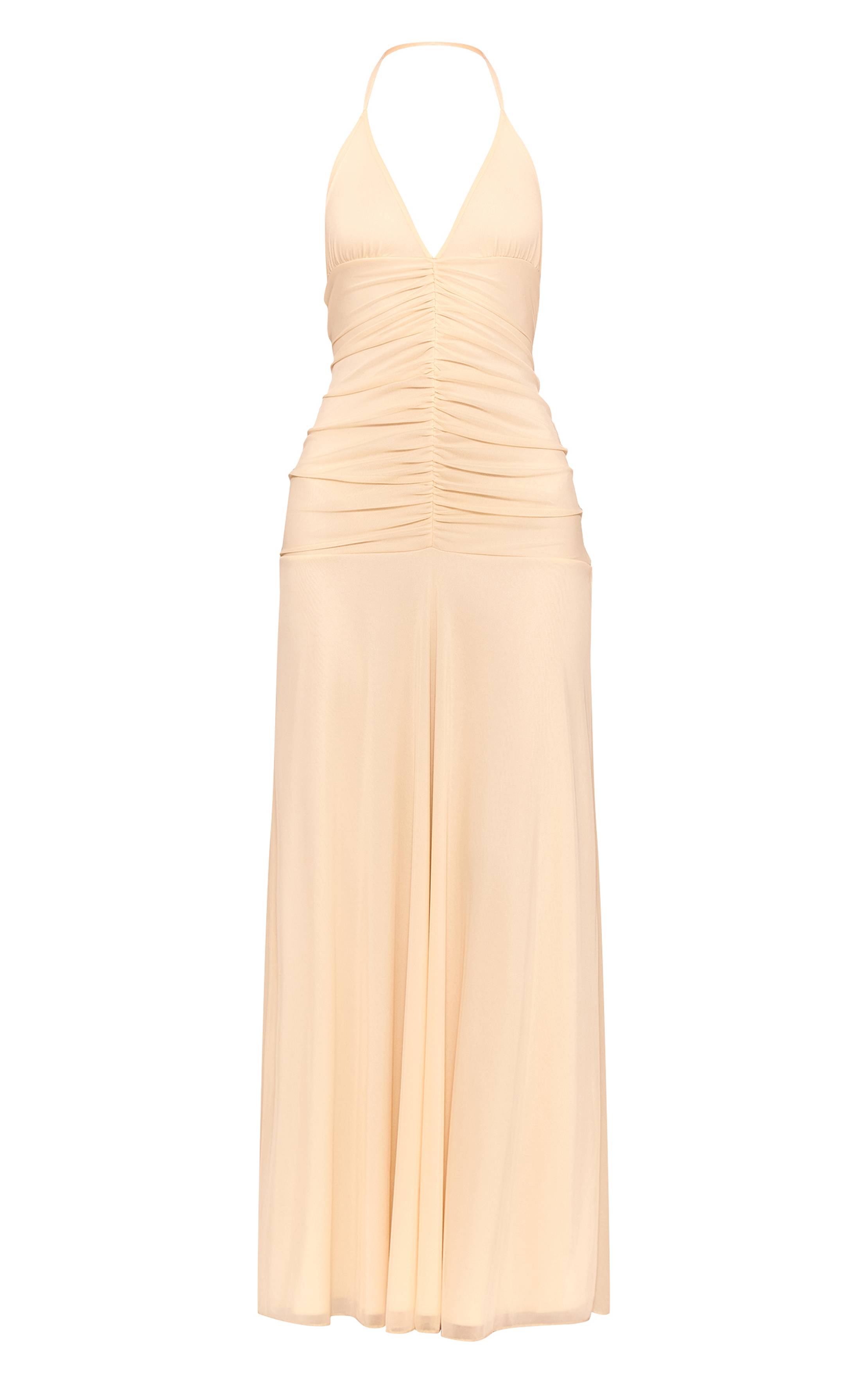 Crème Robe Longue À Bretelles Avec Détail Froncé