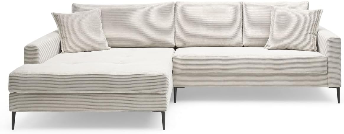 Sofa Hilary Cream, modernes Ecksofa, Cordbezug in Cream, Ottomane Links, Couch mit hohem Sitzkomfort, pflegeleicht & formstabil, Metallfüße, Sofa in L-Form Links, Made in Europe