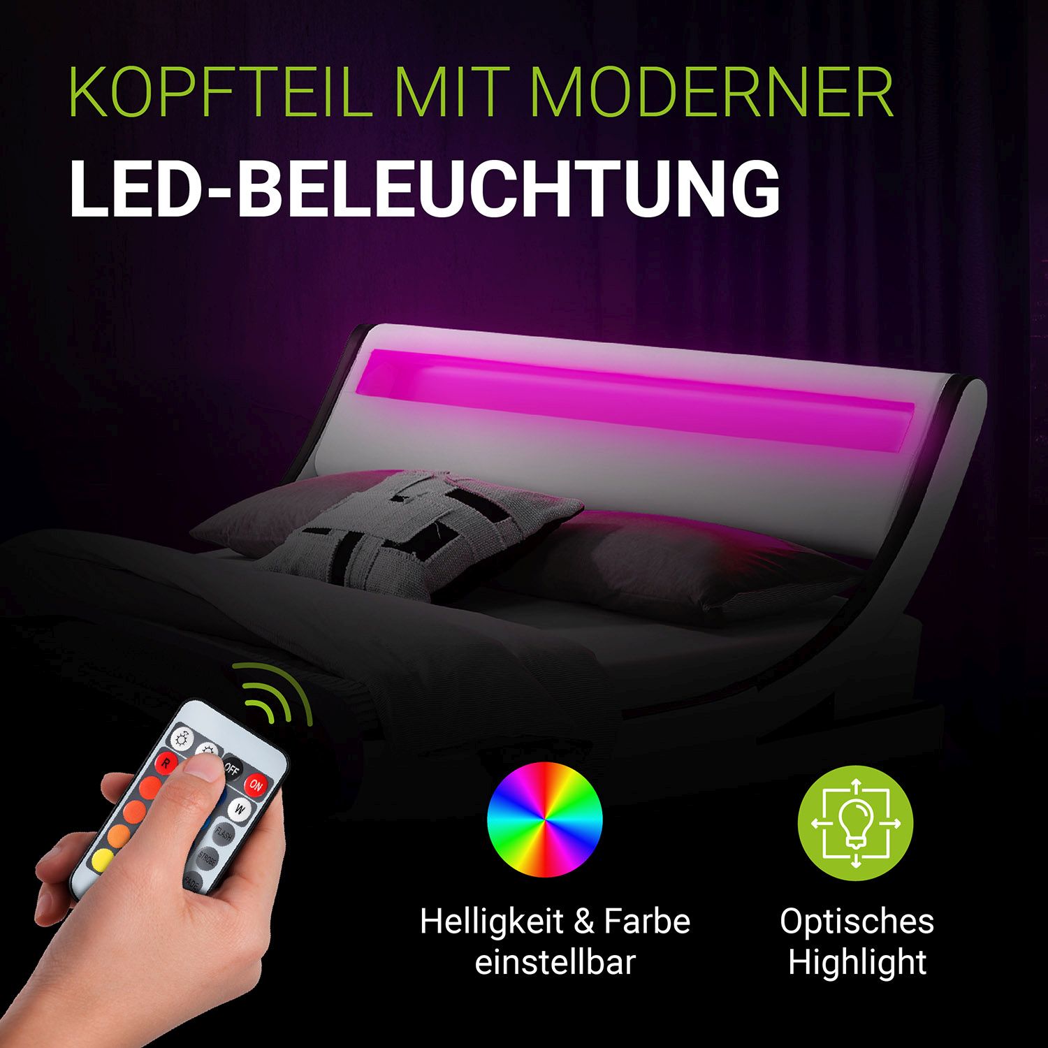 Juskys Polsterbett Valencia 140x200 cm - Bett mit Lattenrost & LED Beleuchtung – Jugendbett weiß