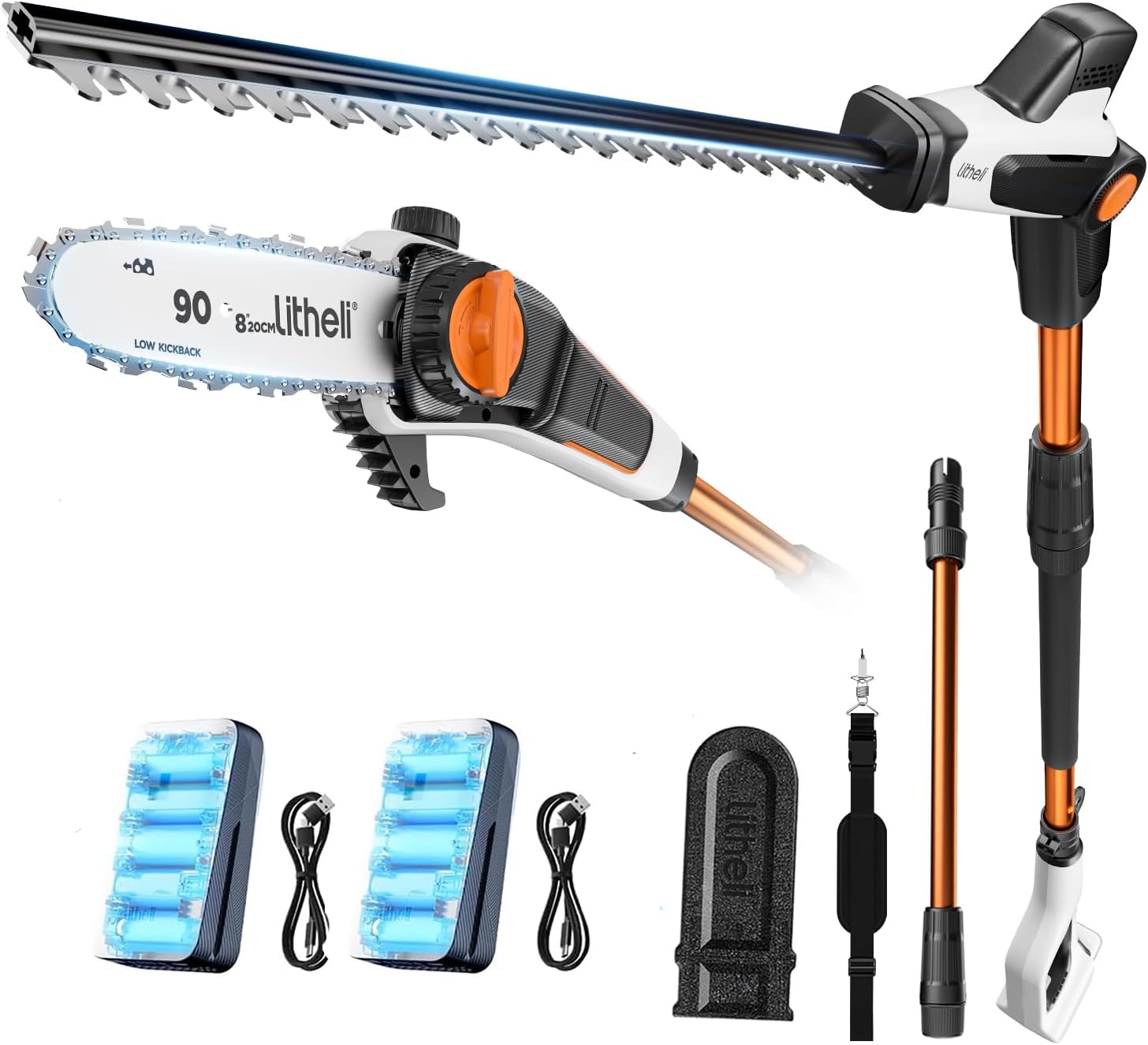 Litheli Stabheckenschere & Hochentaster mit zwei 2.0Ah Akkus, 47 cm Akku Teleskop Heckenschere, abwinkelbarer Kopf und Teleskopstiel zum Schneiden von Ästen, Trimmen.