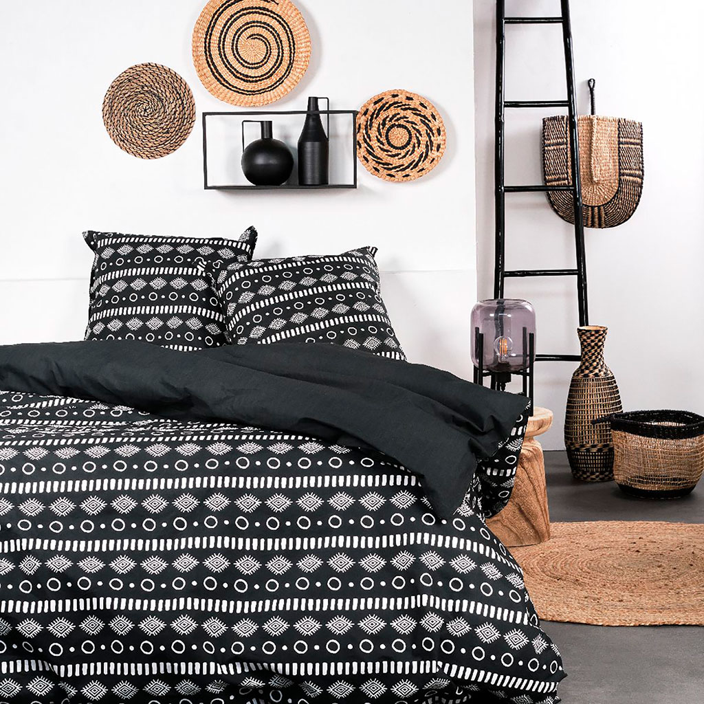 Parure de lit coton motif ethnique noir 220x240cm