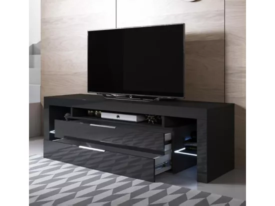 Meuble TV pour Salon Salle à manger en Noir avec LED 160x35x53cm Selma
