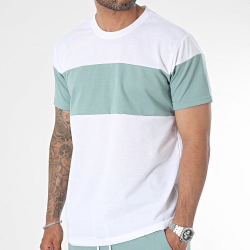 Ensemble Tee Shirt Et Short Jogging A Bandes Blanc Vert
