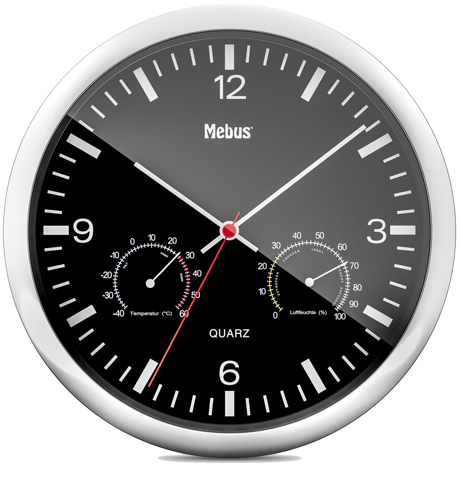 Mebus Quarz-Wanduhr mit Thermo- und Hygrometer 25 cm schwarz