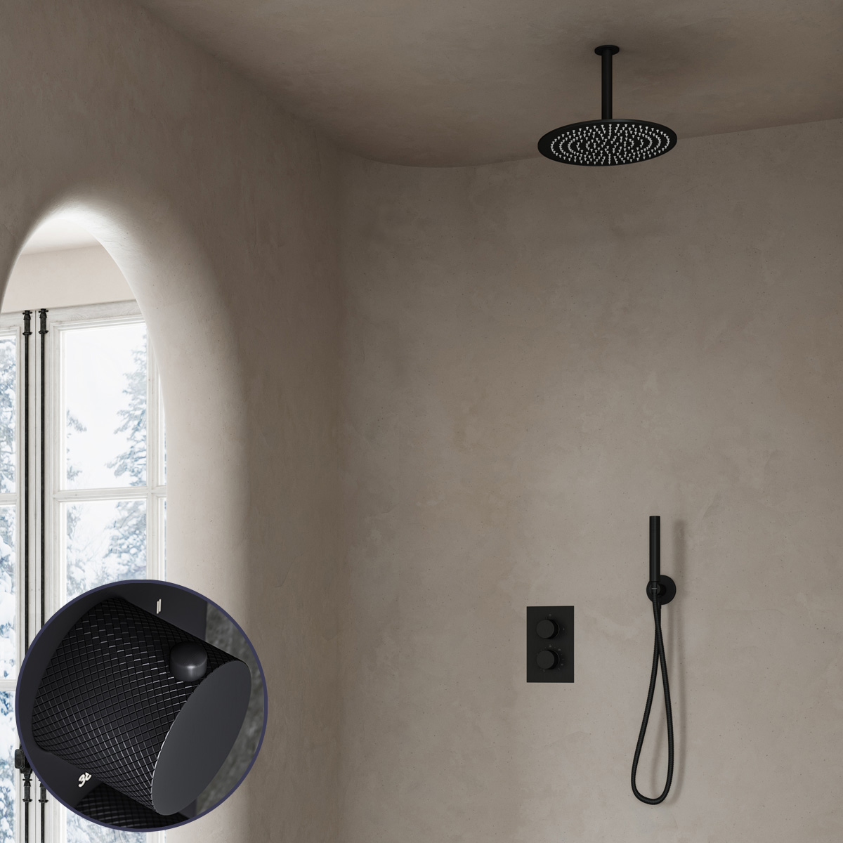 Saniclear Nero Curved inbouw regendouche met 20cm hoofddouche en plafondarm zwart mat