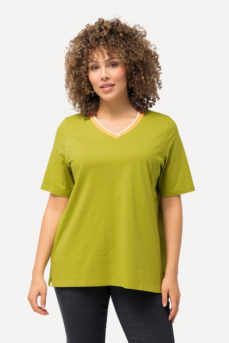T-Shirt, Streifenbündchen, V-Ausschnitt, Halbarm