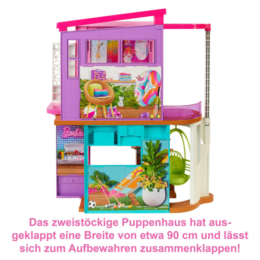 Mattel HCD50 Barbie Malibu Haus mit über 30 Teilen, Spielzeug für Kinder ab 3 Jahren