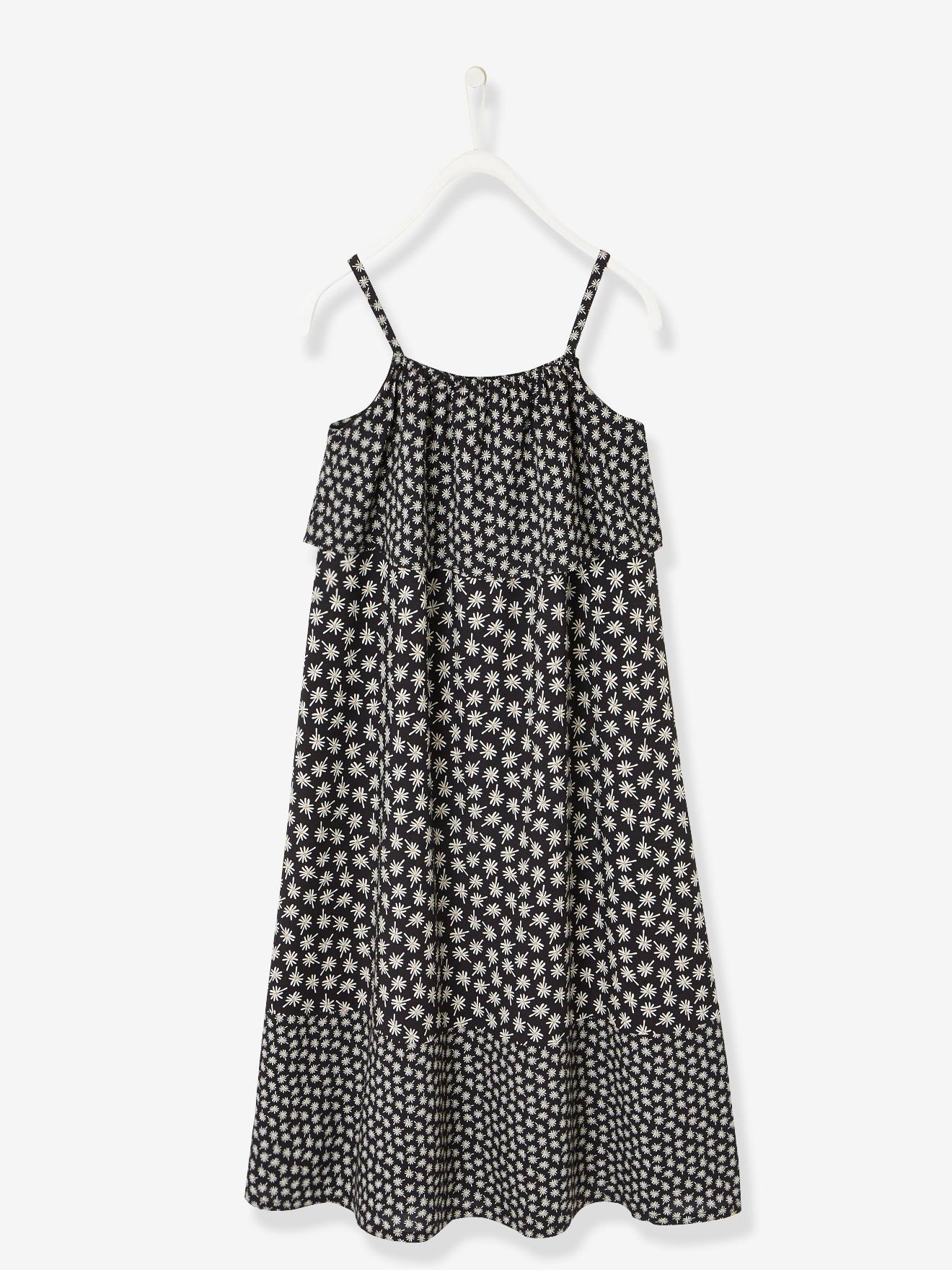 Vestido longo com babados e estampa em preto escuro