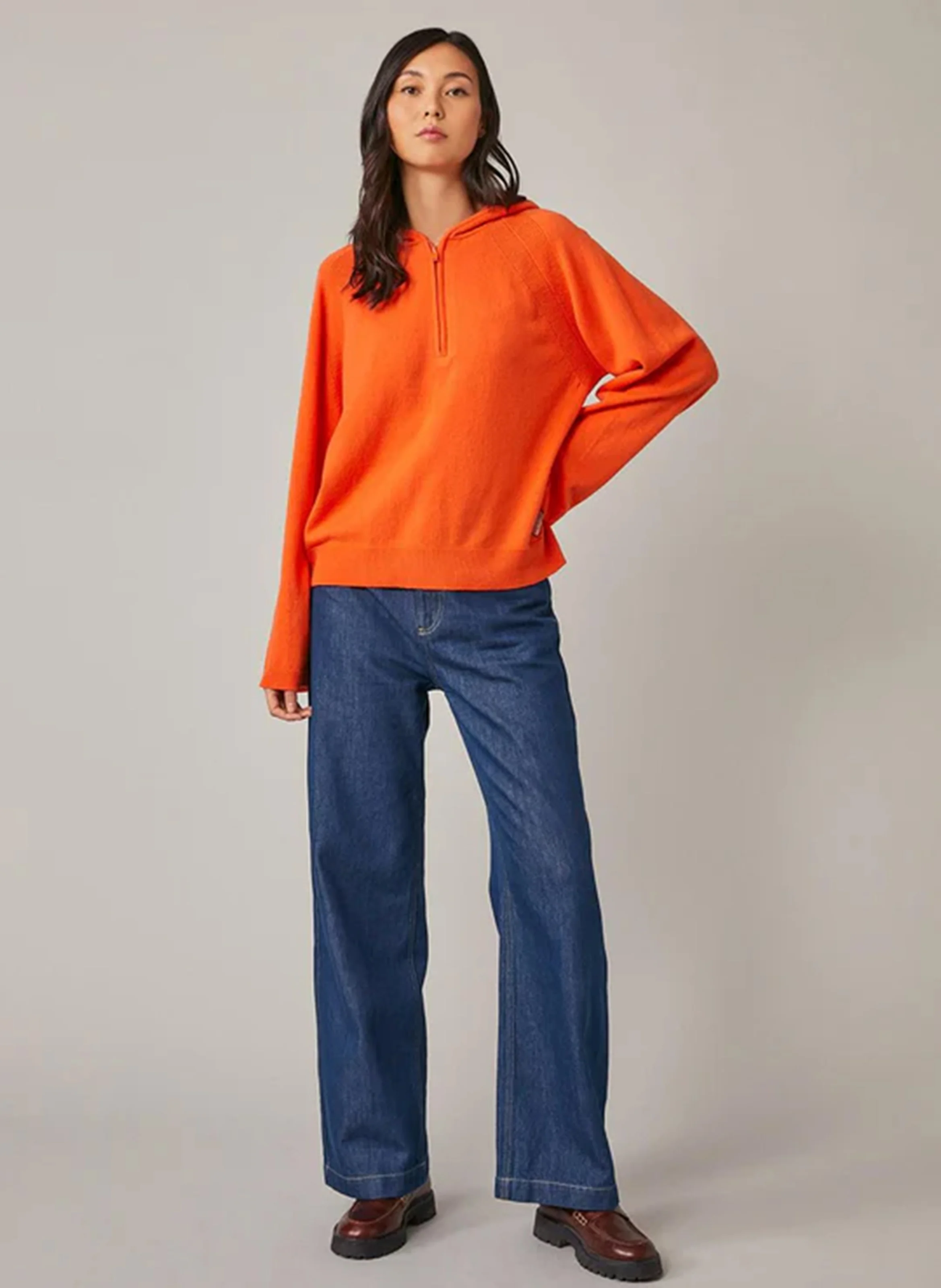 EMILE - Pull à capuche zippé en laine mérinos | Orange