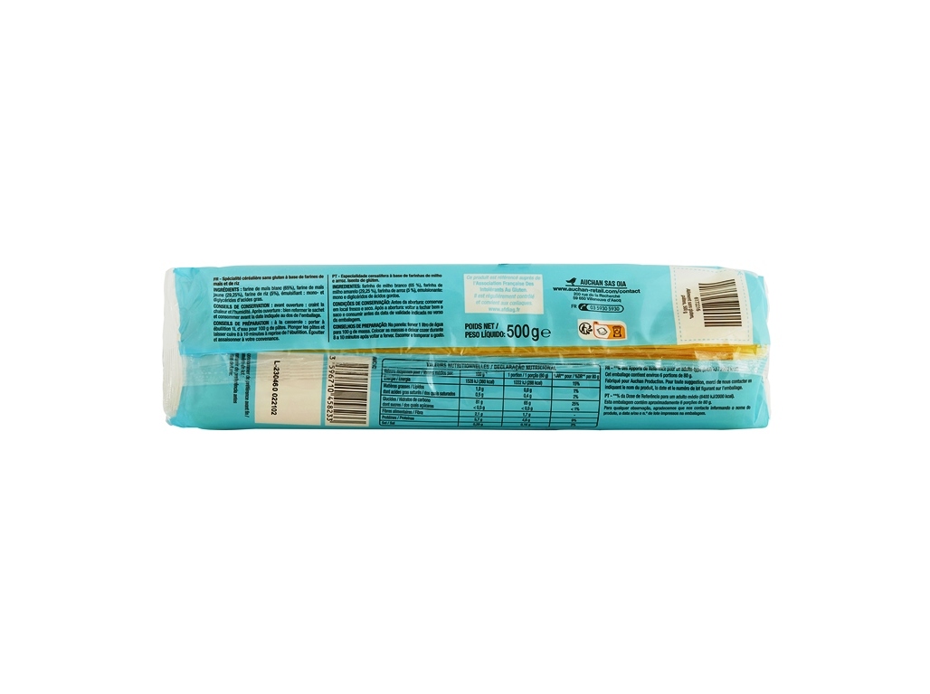 MASSA AUCHAN ESPARGUETE SEM GLÚTEN 500G