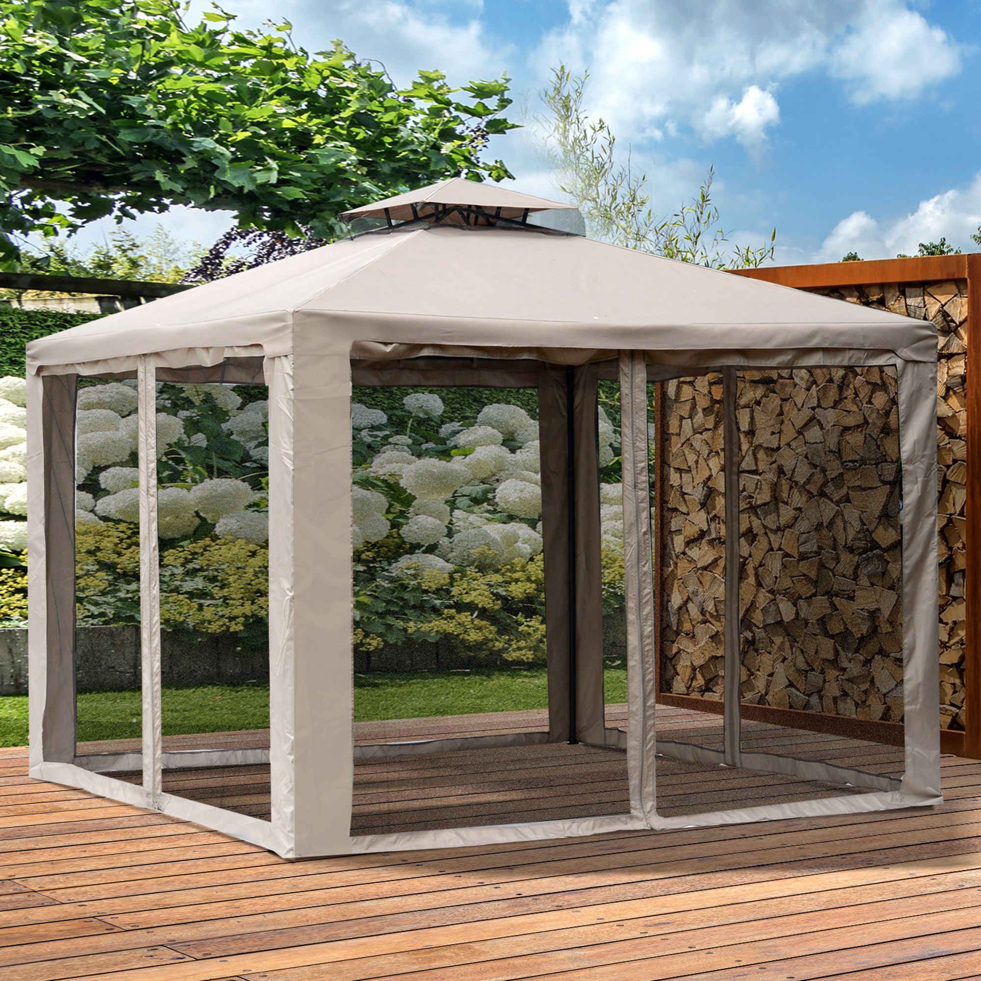 Gazebo de jardim Outsunny 3x3m, pavilhão externo com teto ventilado duplo, cortinas mosquiteiras com zíper em 4 lados, 8 orifícios de drenagem, gazebo para festas e pátio, marrom.