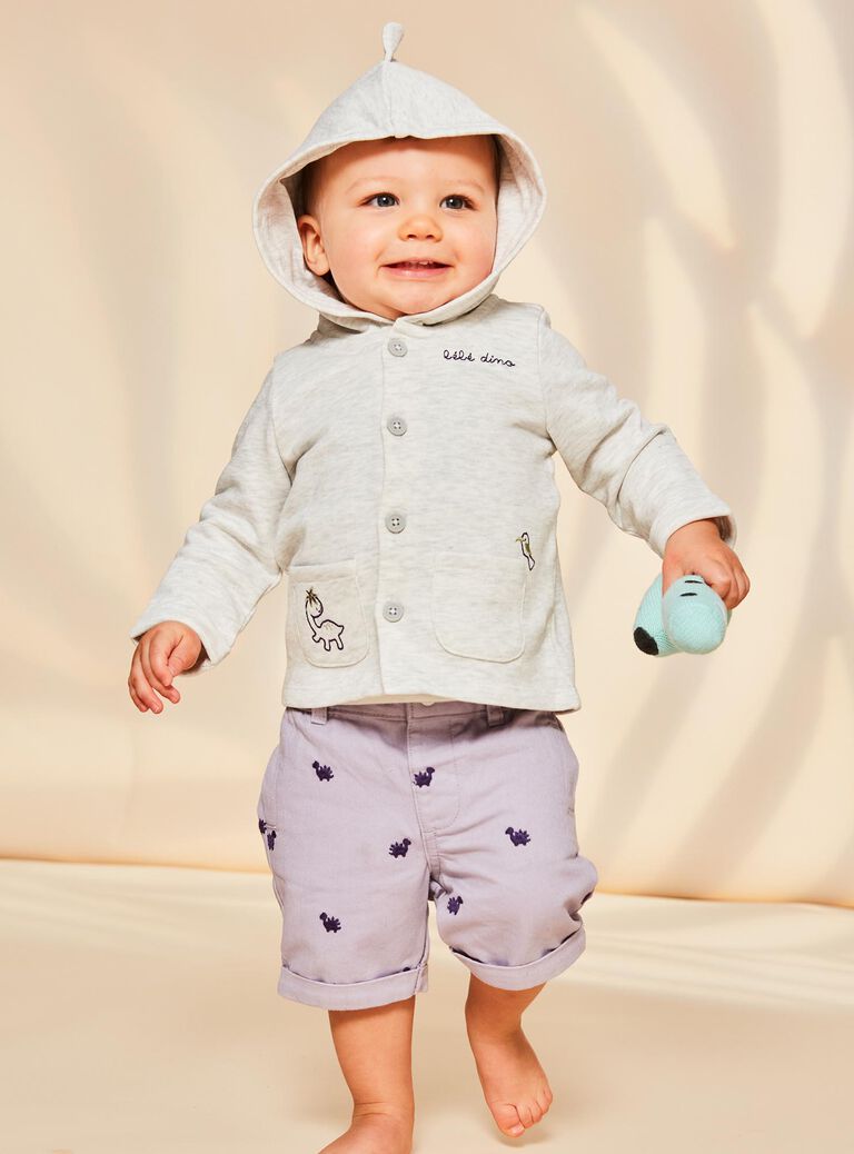 Cardigan en molleton beige chiné à capuche et à broderies animaux fantaisie