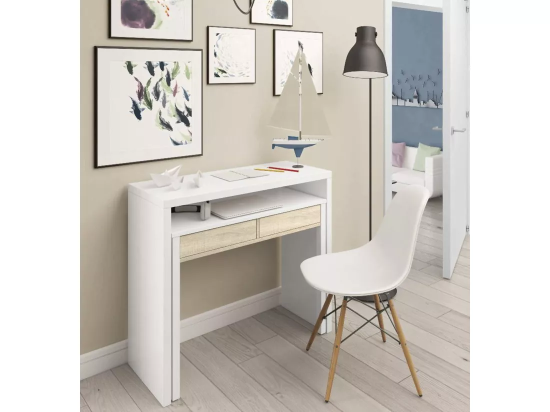 Bureau Billings, Bureau avec plateau extensible, Bureau PC avec 2 tiroirs, 99x36h88 cm, Blanc et Chêne