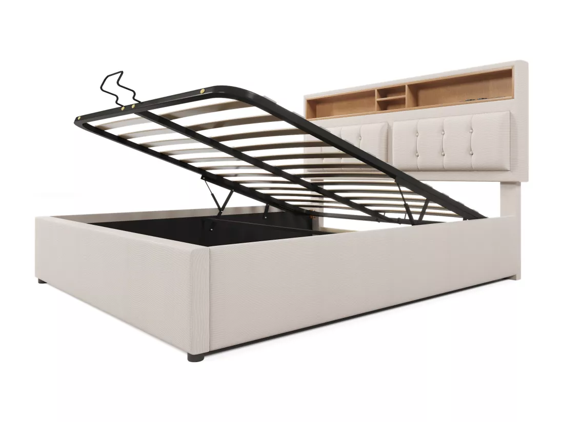 Lit coffre 160x200 cm en tissu lin - tête de lit réglable avec prises - avec sommier à lattes - Beige