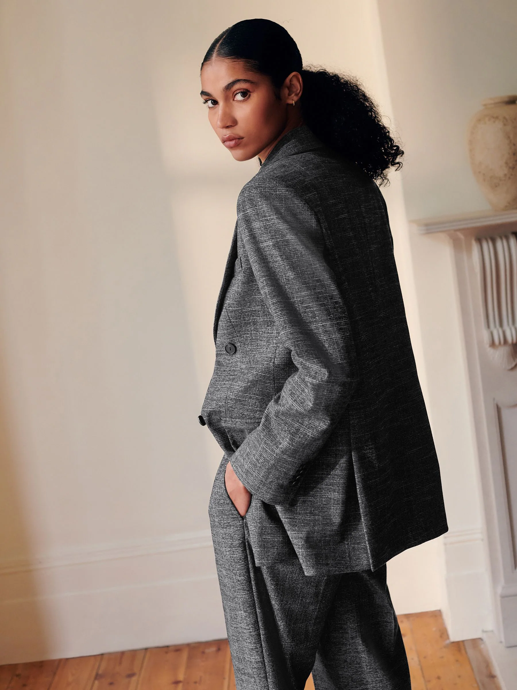 Grijs - Crosshatch Double Breasted Longline Blazer