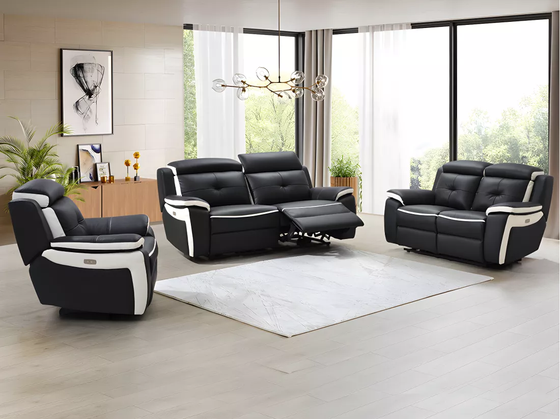 Canapés 3 places 2 places et un fauteuil relax électrique en cuir ANGELIQUE - Noir/blanc