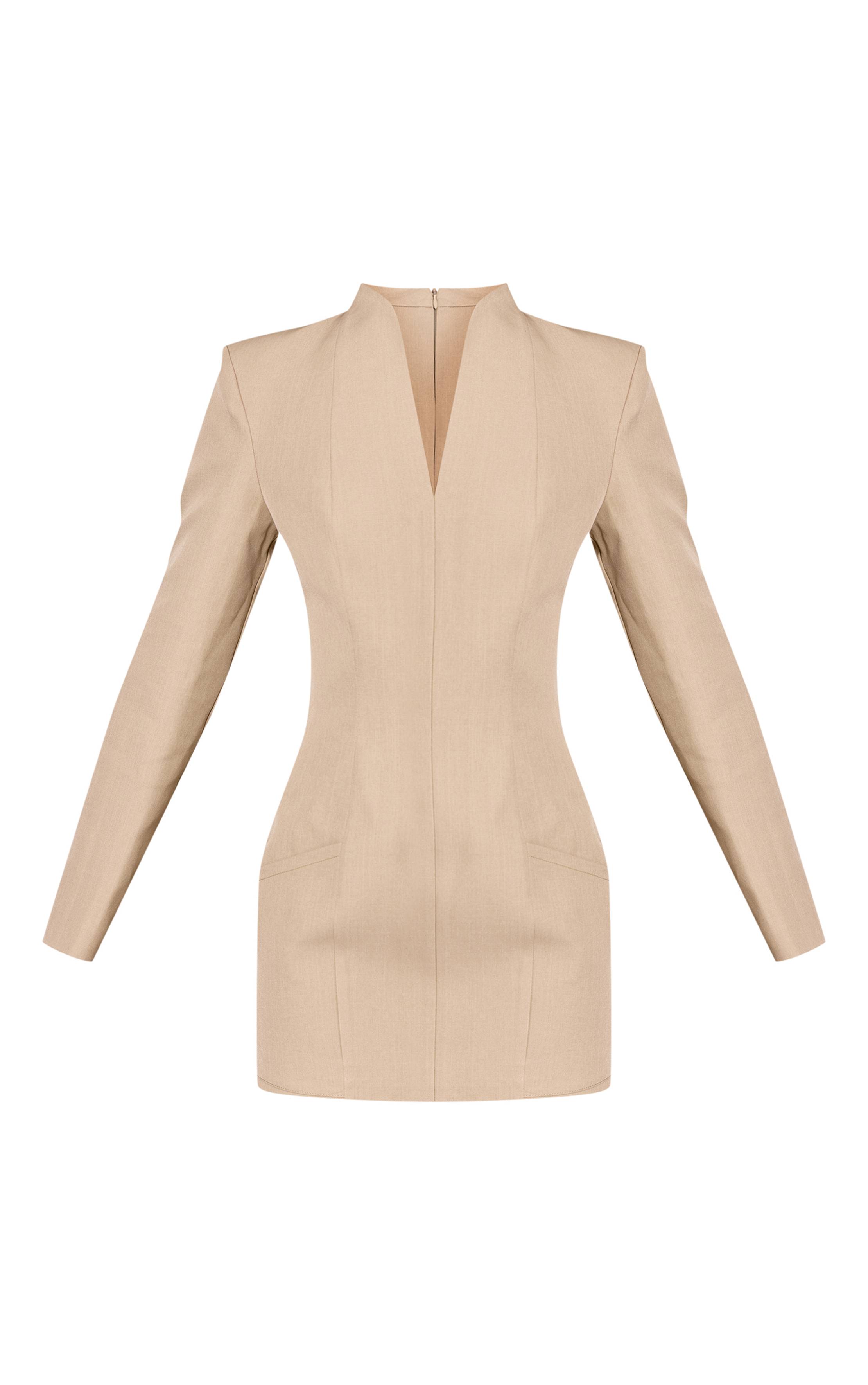 Crème Robe Blazer Tissée Sans Col À Manches Longues