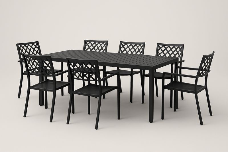 Aluminium-Garten-Esstisch-Set, 7 Stühle, Schwarz