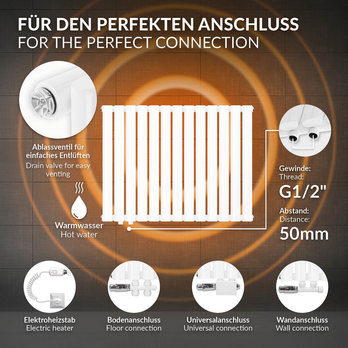 ML-Design Paneelradiator 600x780 mm Wit Enkellaags, Horizontale radiator met ovale buizen, Design badkamerradiator met zijaansluiting, Verwarming woonkamer/badkamer, Design buisradiator