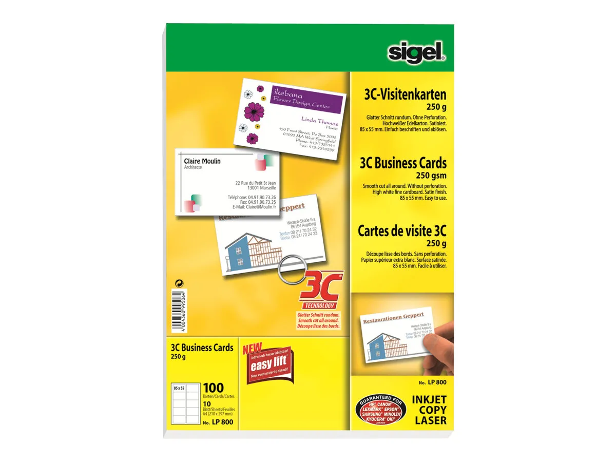 Sigel Business Card 3C LP800 - Skinnende hvid - 85 x 55 mm - 250 g/m² - 100 kort (10 ark x 10) visitkort