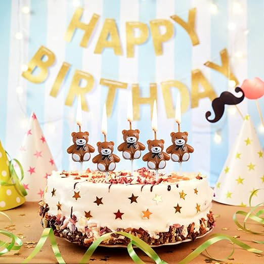 (5er Set) Mini Bären Geburtstags Kerzen Kuchenstecker Happy Birthday Deko für Torten / Kuchen - Braun
