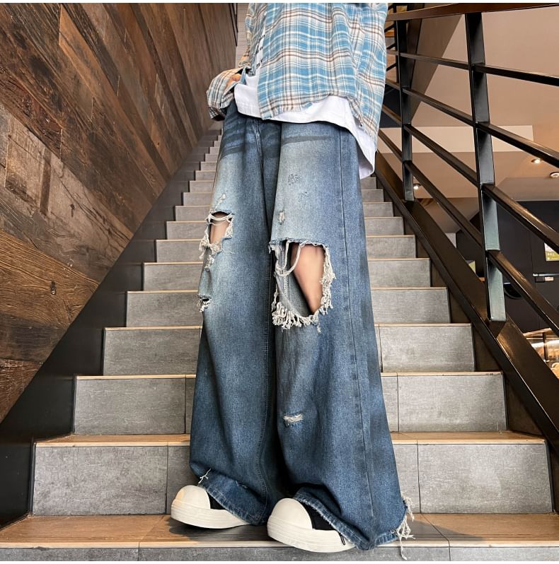 Antaeus - Mid Rise Distressed Wide Leg Jeans
