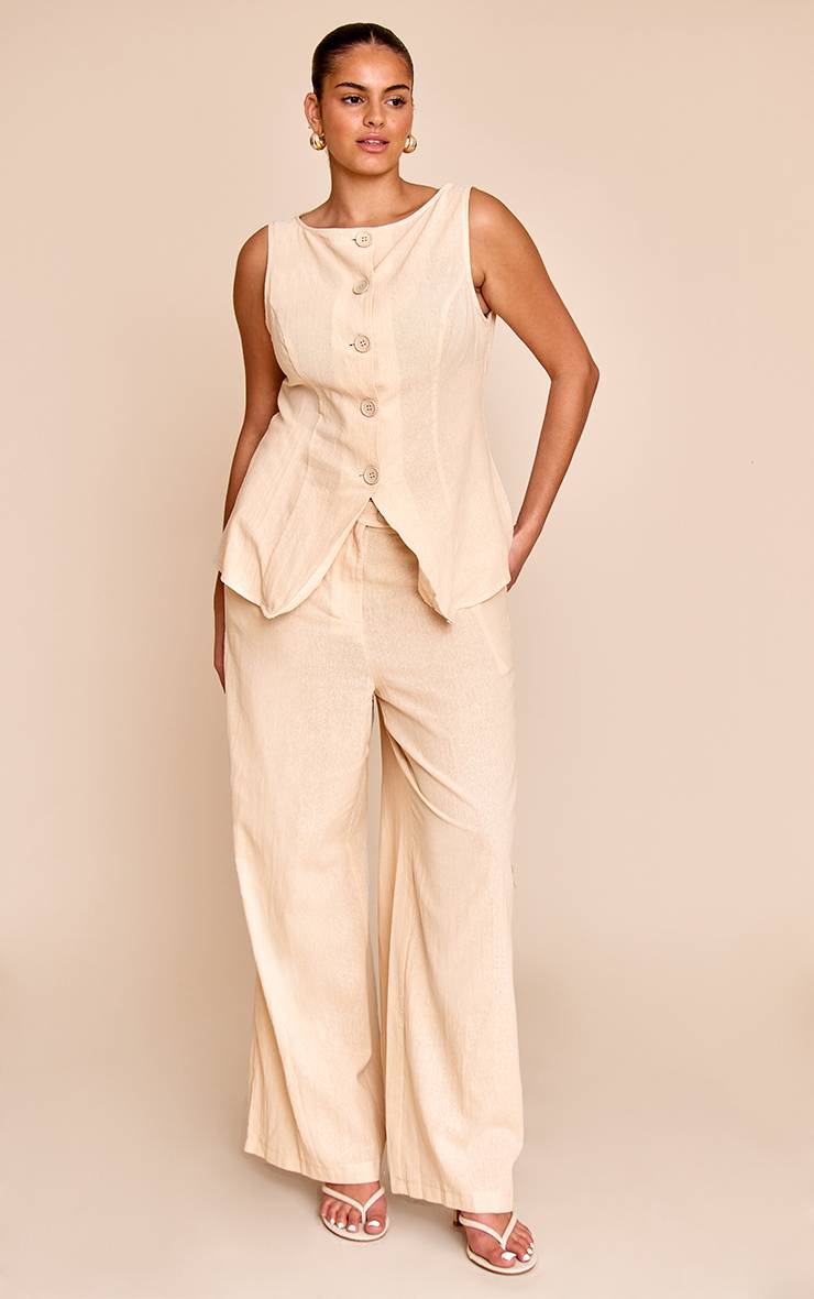 Sable Gilet Grande Taille Rayé Aspect Lin Col Bateau Avec Boutons Ensemble Coordonné