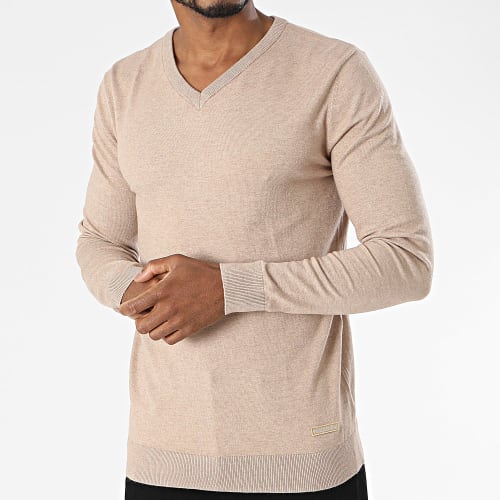 Pull Col V Beige Chiné