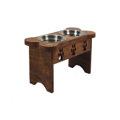 Comedouro de design exclusivo para animais de estimação em madeira escura.