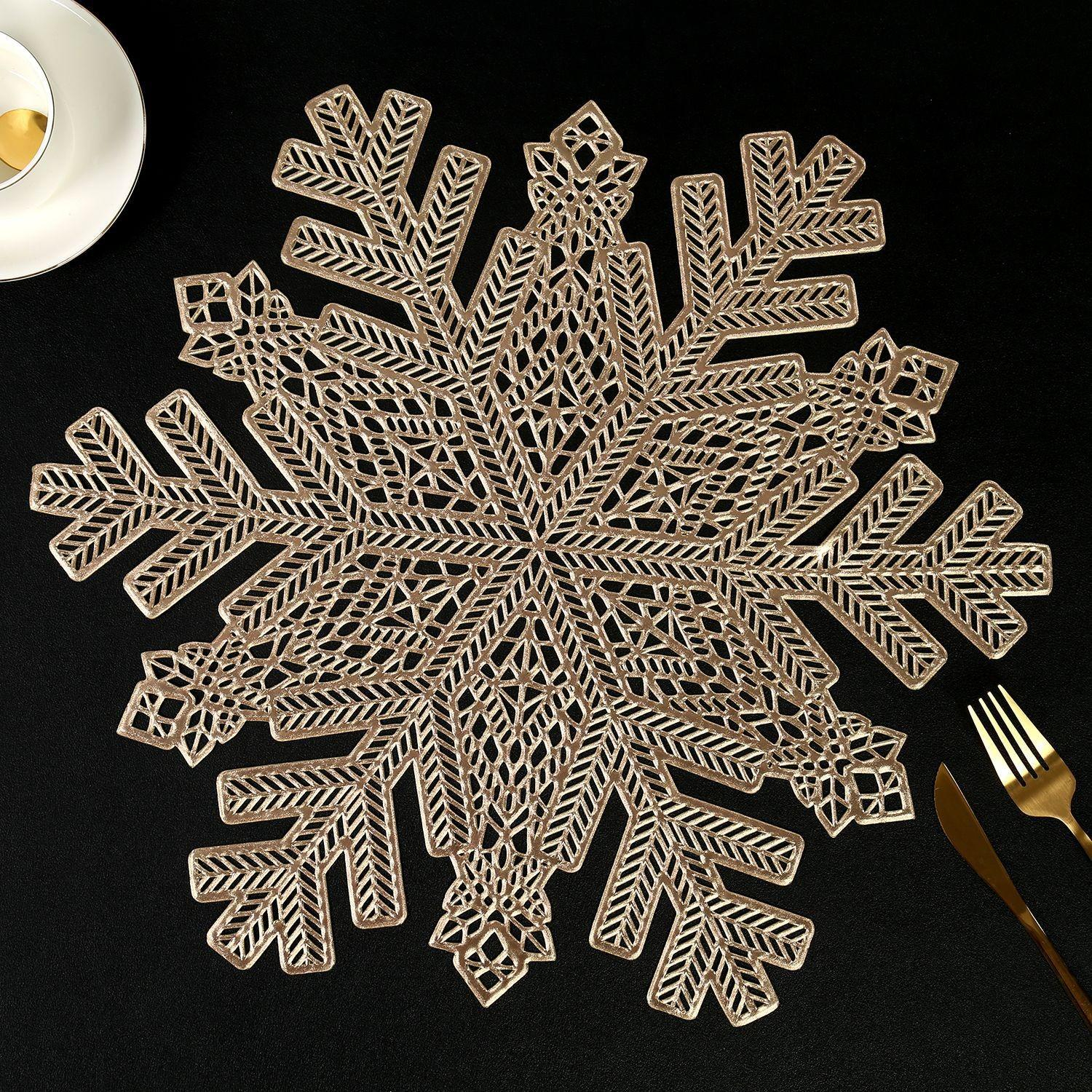 (Ø45cm) Hitzebeständige PVC Schneeflocken Tischunterlage Abwaschbarer Teller Untersetzer für Weihnachten / Winter - Gold