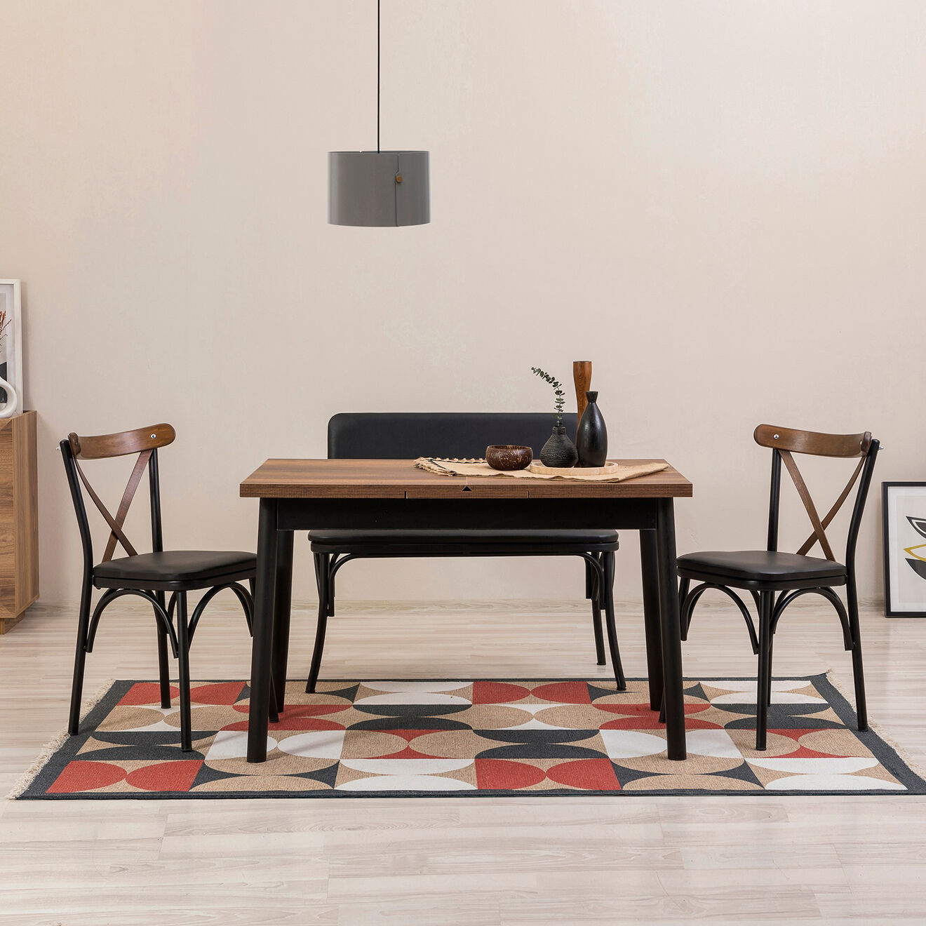 Homitis Table + 2 Chaises + Banc Olv noir