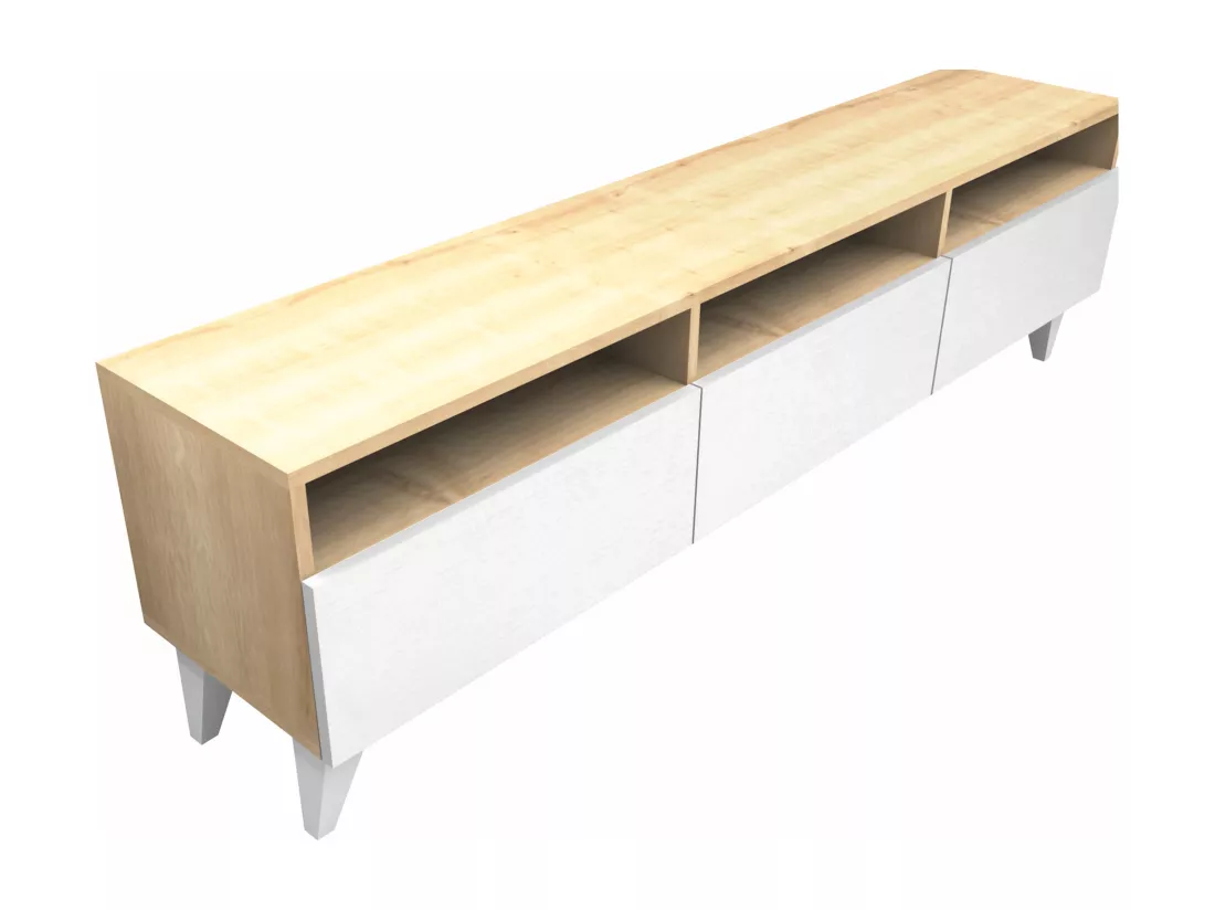 Meuble TV avec 3 portes et 3 niches - Blanc et Naturel - DEMANIA