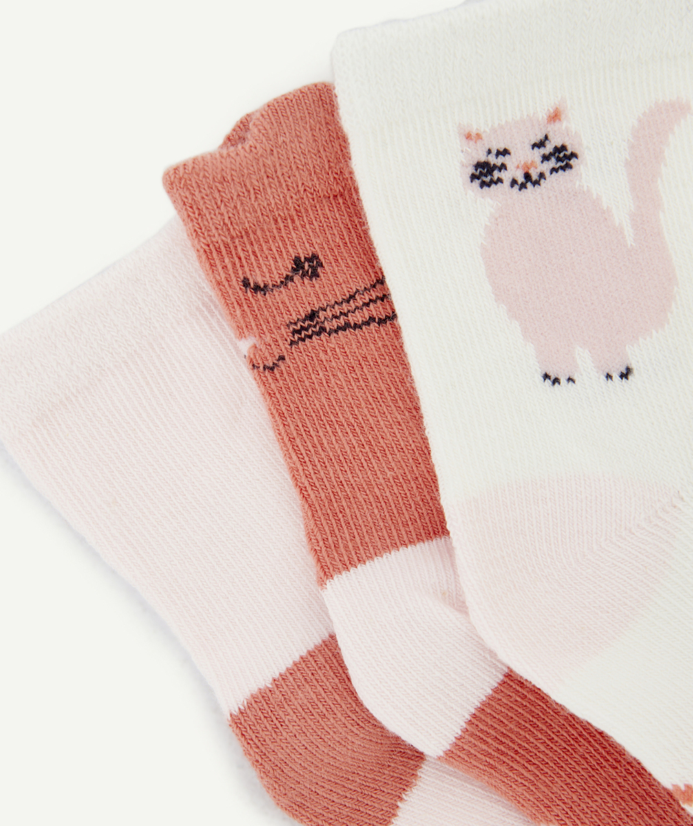 LOT DE 3 PAIRES DE CHAUSSETTES BÉBÉ FILLE THÈME CHAT ROSE
