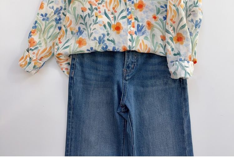 Taragon - Blouse met lange mouwen, kraag en bloemenprint, knoopjes